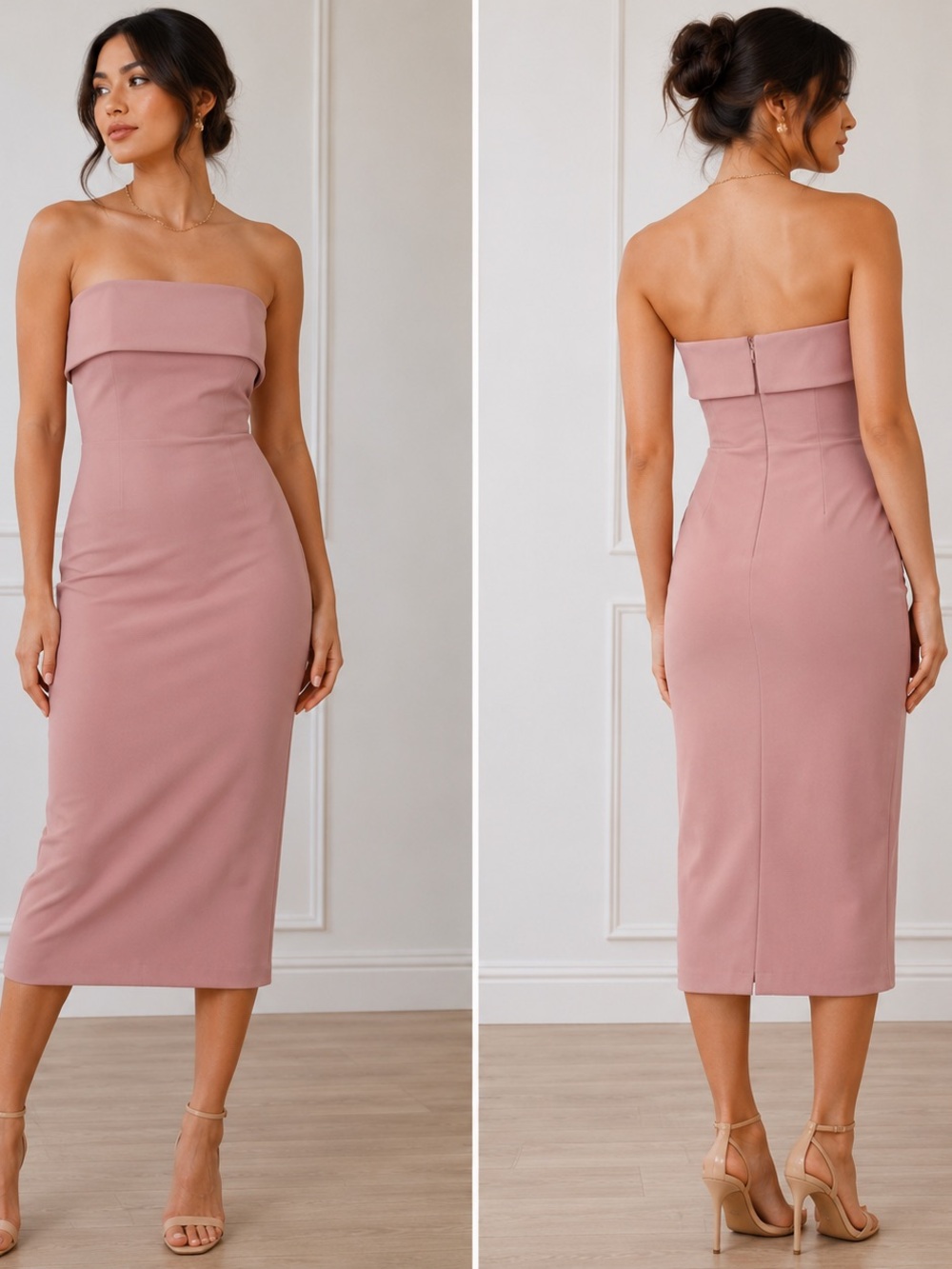 Babaton Aritzia Strapless Fold Over Midi Bodycon Dress Blush Pink NWT Size S